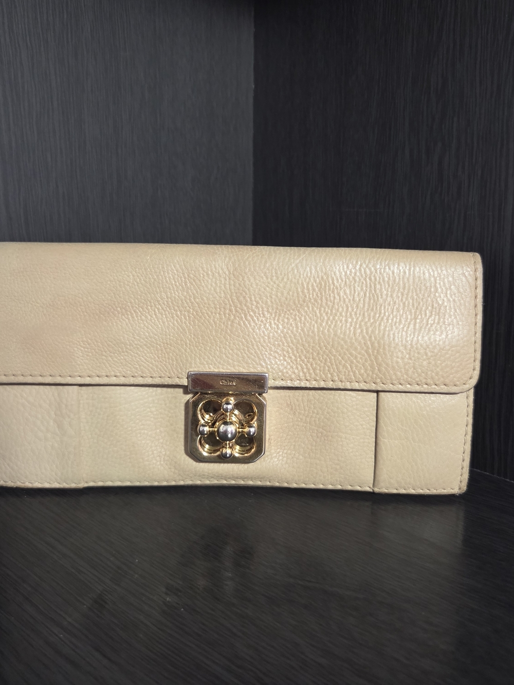 Chloe Elsie Long Continental Bifold Wallet Beige Pebbled Leather Luxury